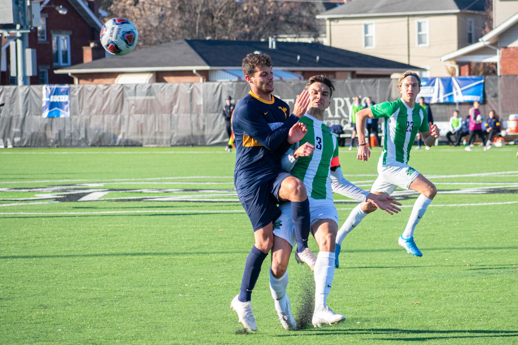 West Virginia forward Rodrigo Robles Grajera collides with a Marshall player at Hoops Family Field on Nov. 24, 2019.